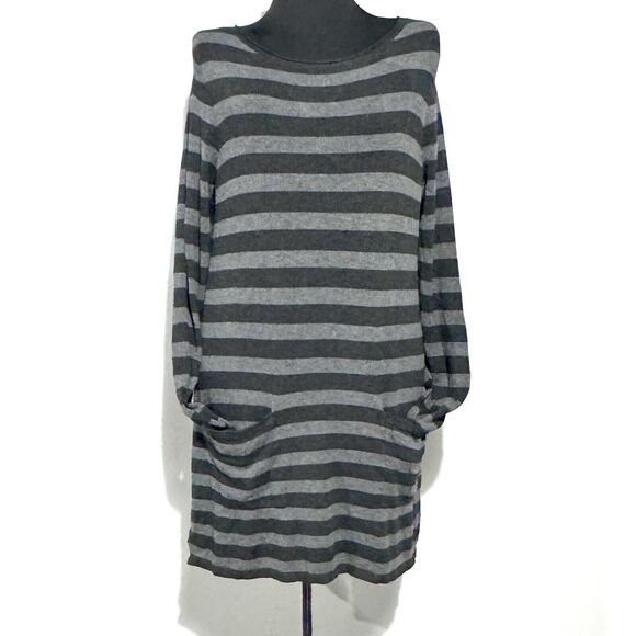 Eileen Fisher Small Black Gray Striped Long Sleeve Cozy Tunic Dress W/Pockets - Picture 1 of 9
